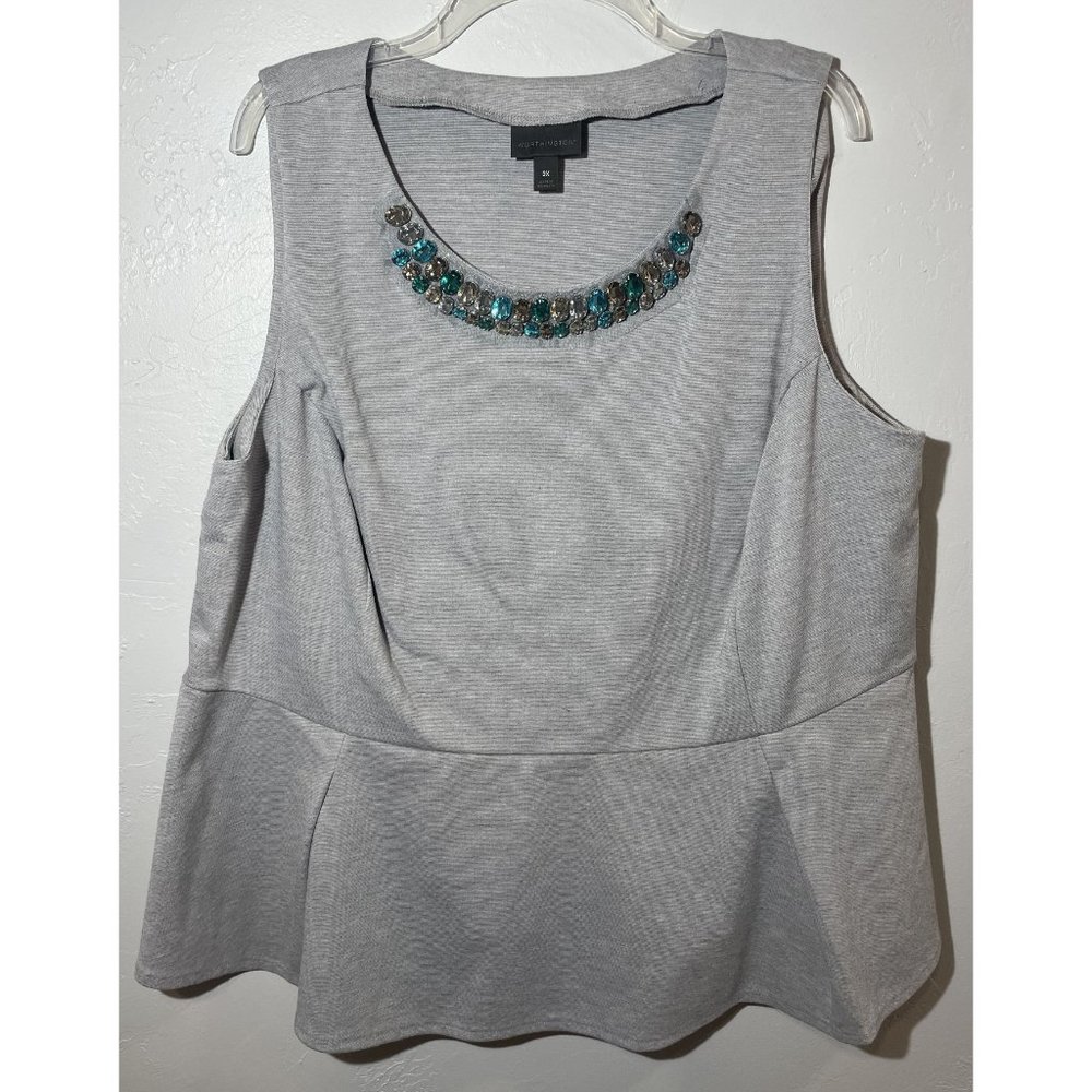 worthington grey top with silver and blue jewels on neck